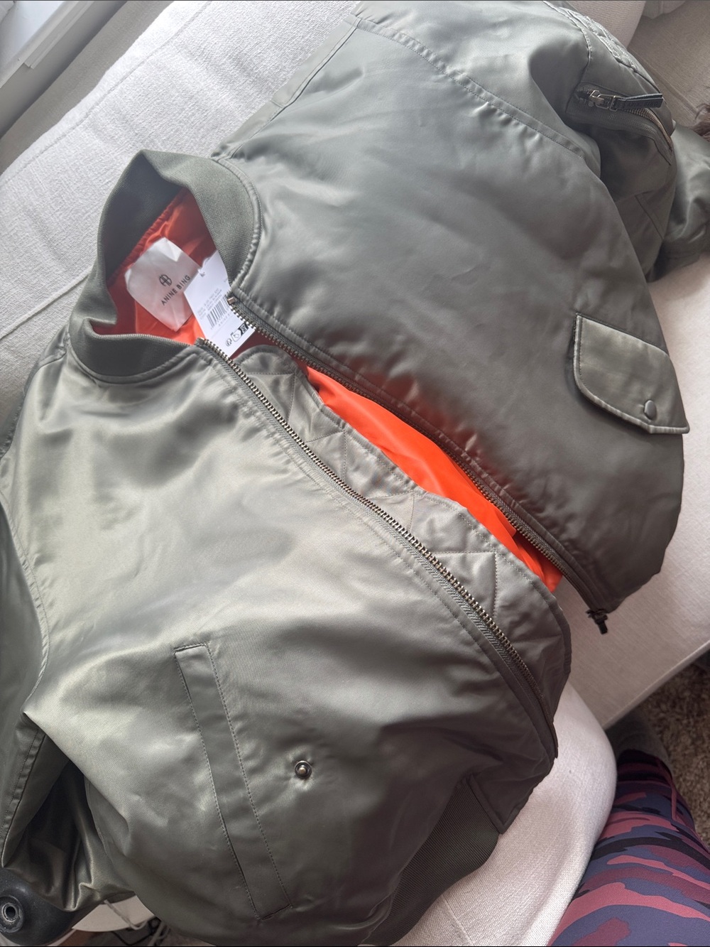 Anine Bing Army Green Leon Bomber Jacket with Orange Lining NWT Sz S